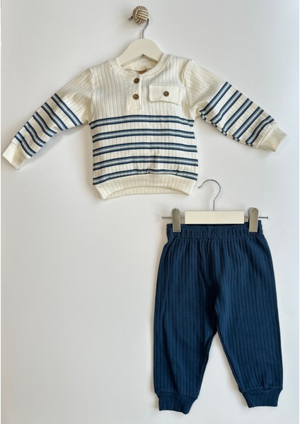 Çizgili Lacivert Erkek Bebek Ikili Pamuklu Takım