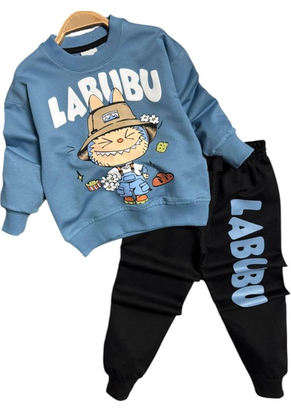 Erkek Çocuk Labubu Resim Yazılı Mavi Eşofman Takımı