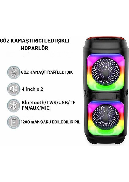 Rgb LED Işıklı Bluetooth Hoparlör – 1200MAH Şarjlı, Tws Destekli, Çift 4’’ Hoparlör, Fm Radyo ve Çoklu Bağlantı Modu