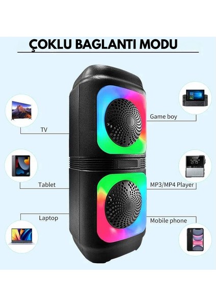 Rgb LED Işıklı Bluetooth Hoparlör – 1200MAH Şarjlı, Tws Destekli, Çift 4’’ Hoparlör, Fm Radyo ve Çoklu Bağlantı Modu