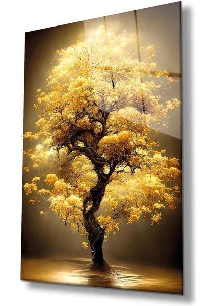 Sarı Yapraklı Ağaç Cam Tablo Modern Ev Ofis Salon Hediyelik Büyük Tablo Duvar Dekoru