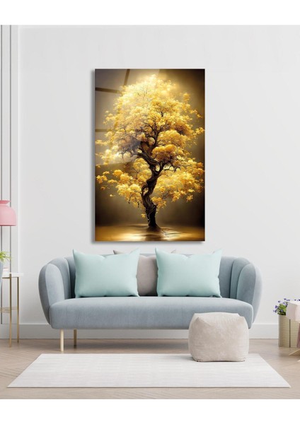 Sarı Yapraklı Ağaç Cam Tablo Modern Ev Ofis Salon Hediyelik Büyük Tablo Duvar Dekoru fiyatları