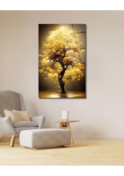 Sarı Yapraklı Ağaç Cam Tablo Modern Ev Ofis Salon Hediyelik Büyük Tablo Duvar Dekoru modelleri
