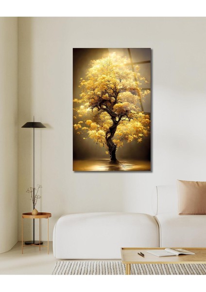 Sarı Yapraklı Ağaç Cam Tablo Modern Ev Ofis Salon Hediyelik Büyük Tablo Duvar Dekoru