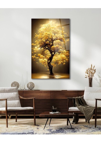 Sarı Yapraklı Ağaç Cam Tablo Modern Ev Ofis Salon Hediyelik Büyük Tablo Duvar Dekoru
