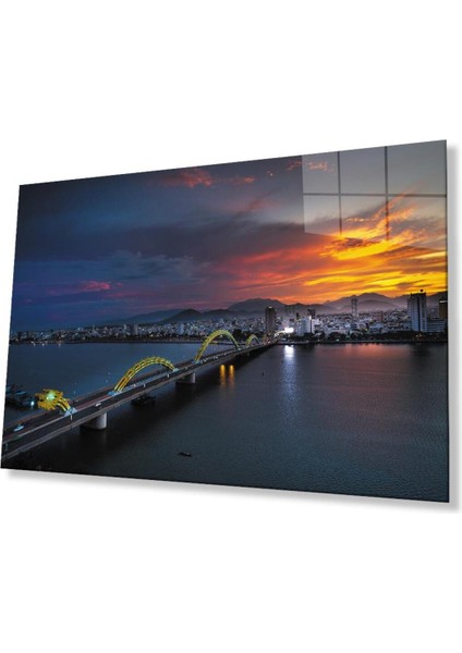 Gün Batımı Şehir Köprü Manzara Cam Tablo 4mm Dayanıklı Temperli Cam Sunset City Bridge Landscape Gl