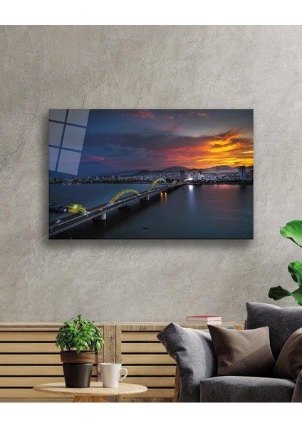 Gün Batımı Şehir Köprü Manzara Cam Tablo 4mm Dayanıklı Temperli Cam Sunset City Bridge Landscape Gl fiyatları