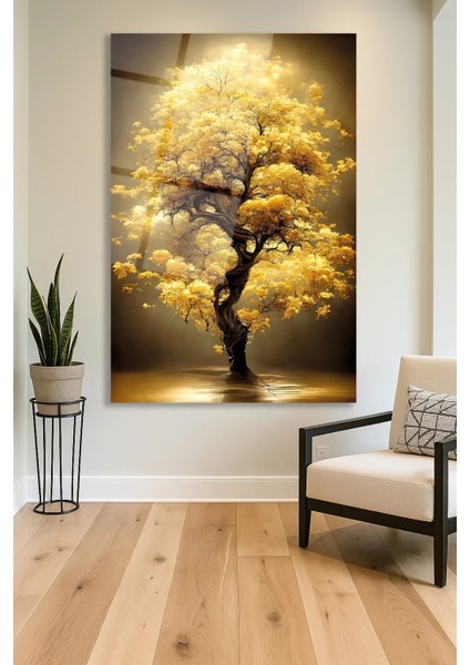 Sarı Yapraklı Ağaç Manzara Cam Tablo, Modern Ev Ofis Salon Duvar Dekoru Hediyelik Büyük Tablo Dekor