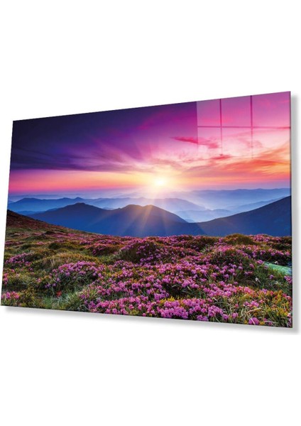 Dağ Manzara Pembe Cam Tablo 4mm Dayanıklı Temperli Cam Mountain Landscape Green Glass Wall Art