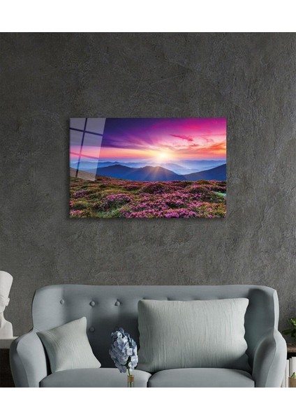 Dağ Manzara Pembe Cam Tablo 4mm Dayanıklı Temperli Cam Mountain Landscape Green Glass Wall Art
