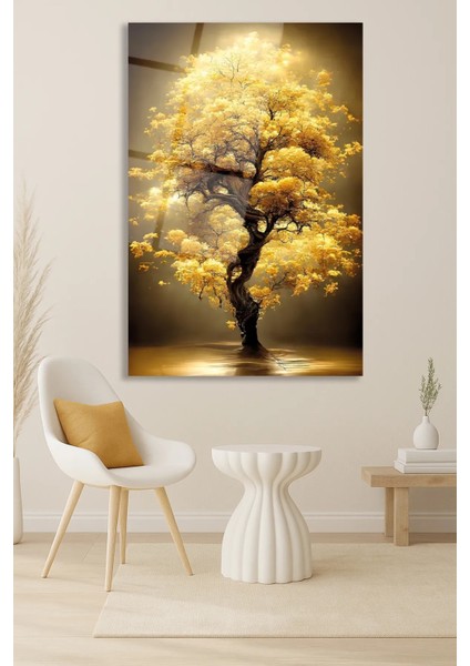 Sarı Yapraklı Ağaç Manzara Cam Tablo, Modern Ev Ofis Salon Duvar Dekoru Hediyelik Büyük Tablo Dekor fırsatları