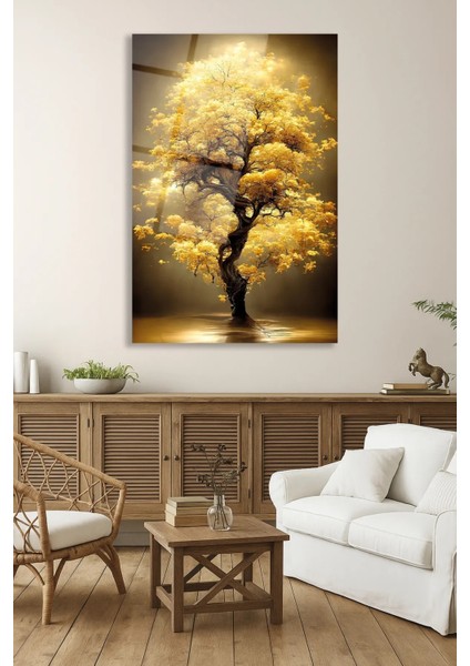 Sarı Yapraklı Ağaç Manzara Cam Tablo, Modern Ev Ofis Salon Duvar Dekoru Hediyelik Büyük Tablo Dekor indirimleri