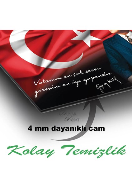 Atatürk Portre ve Türk Bayrağı Vatanını En Çok Seven Görevini En Iyi Yapandır Cam Tablo, Hediyelik fırsatları