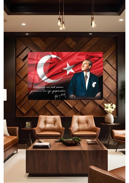 Atatürk Portre ve Türk Bayrağı Vatanını En Çok Seven Görevini En Iyi Yapandır Cam Tablo, Hediyelik