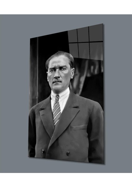 Atatürk Portre Siyah Beyaz Cam Tablo Hediyelik Büyük Tablo Ev Ofis Dekoru