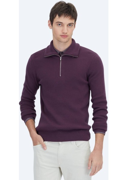 Mürdüm Polo Yaka Jakarlı Triko Kazak