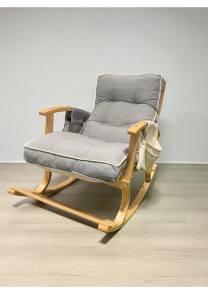 Iki Cepli Sallanan Sandalye, Gri Minderli Ahşap Sallanır Koltuk, Rahat Okuma ve Dinlenme Sandalyesi