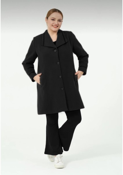 Kösem Kadın Astarlı Önü Düğmeli Kışlık Anne Erkek Yaka Kısa Kaşe Kaban