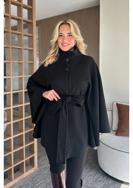 Siyah Düğmeli Kuşaklı Kaşe Panço - 2055