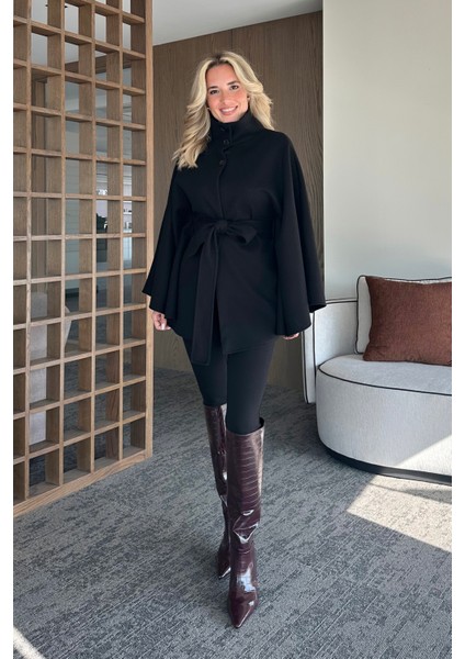 Siyah Düğmeli Kuşaklı Kaşe Panço - 2055 fiyatları