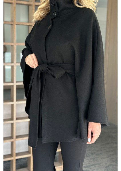 Siyah Düğmeli Kuşaklı Kaşe Panço - 2055 modelleri