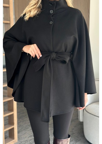 Siyah Düğmeli Kuşaklı Kaşe Panço - 2055 fırsatları