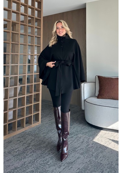 Siyah Düğmeli Kuşaklı Kaşe Panço - 2055 indirimleri