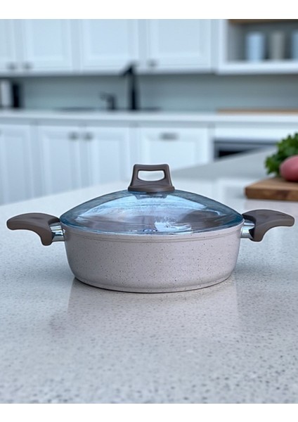 Granit Basık Pilav Ezme Tenceresi Cam Kapaklı Karnıyarık Fırın Indüksiyon Uygun Tencere 24,cm