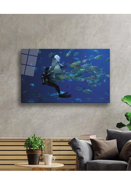 Dalgıç Balık Sualtı Cam Tablo 4mm Dayanıklı Temperli Cam Diver Fish Underwater Glass Wall Art fiyatları