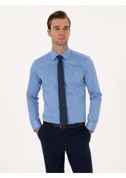 Erkek Koyu Mavi Slim Fit %100 Pamuk Klasik Gömlek 50318179-VR032