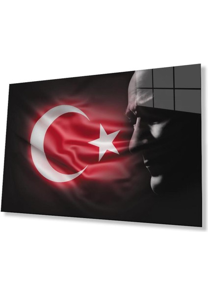 Atatürk Bayrak Atatürk Silüetli Gölgesiz Siyah Fonlu Cam Tablo 4mm Dayanıklı Temperli Cam Atatürk