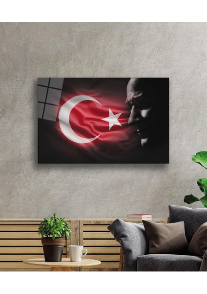 Atatürk Bayrak Atatürk Silüetli Gölgesiz Siyah Fonlu Cam Tablo 4mm Dayanıklı Temperli Cam Atatürk fiyatları