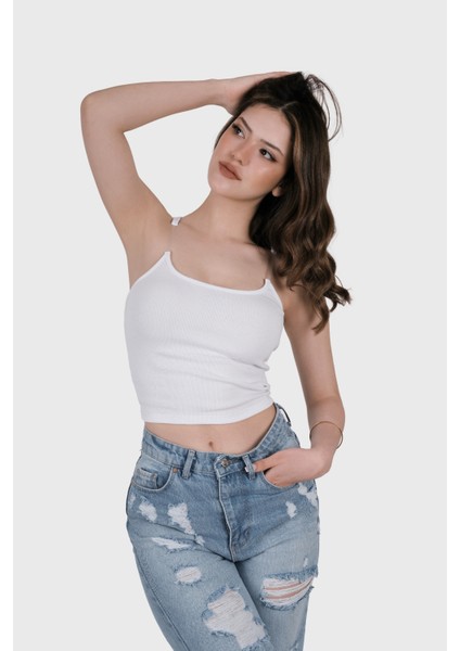 Kadın Şeffaf Askılı Beyaz Kaşkorse Yazlık Şık Body Crop fırsatları