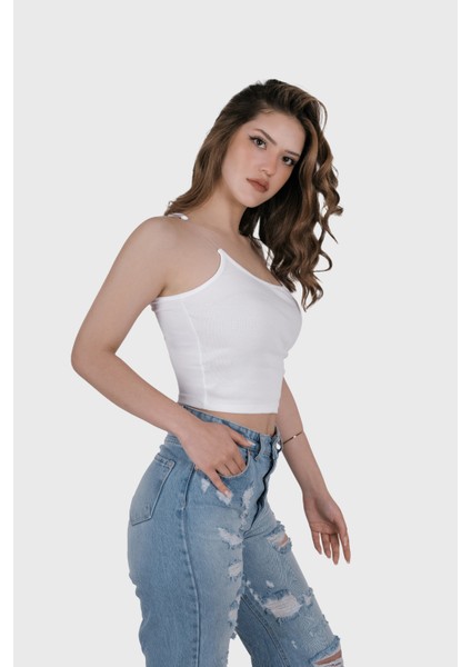 Kadın Şeffaf Askılı Beyaz Kaşkorse Yazlık Şık Body Crop indirimleri