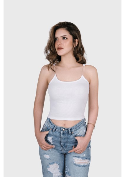 Kadın Şeffaf Askılı Beyaz Kaşkorse Yazlık Şık Body Crop