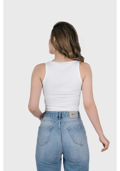 Kadın Şeffaf Askılı Beyaz Kaşkorse Yazlık Şık Body Crop