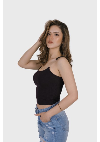 Kadın Şeffaf Askılı Siyah Kaşkorse Yazlık Şık Body Crop