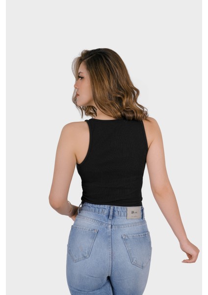 Kadın Şeffaf Askılı Siyah Kaşkorse Yazlık Şık Body Crop