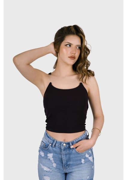 Kadın Şeffaf Askılı Siyah Kaşkorse Yazlık Şık Body Crop