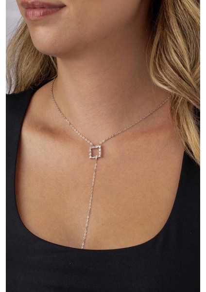 Baget Taşlı Kare Y Model Beyaz Altın Kaplama Kadın Çelik Kolye