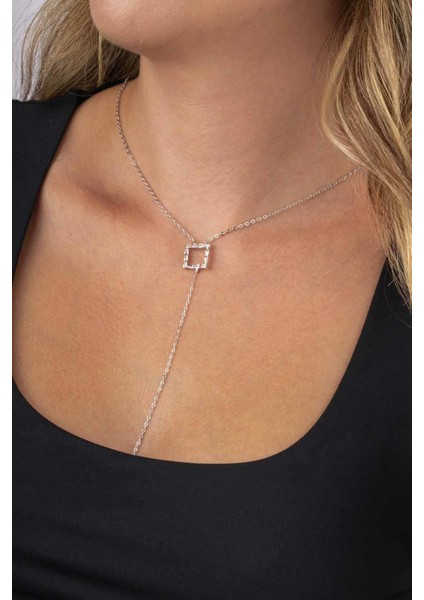 Baget Taşlı Kare Y Model Beyaz Altın Kaplama Kadın Çelik Kolye modelleri