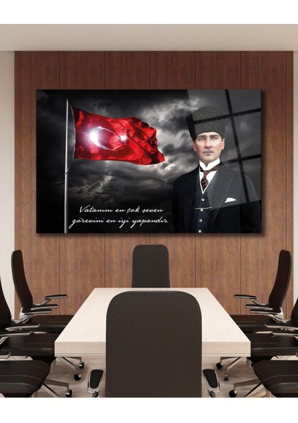 Türk Bayrağı ve Atatürk Cam Tablo Vatanını En Çok Seven Modern Ev Ofis Salon Kurum Hediyelik Tablo