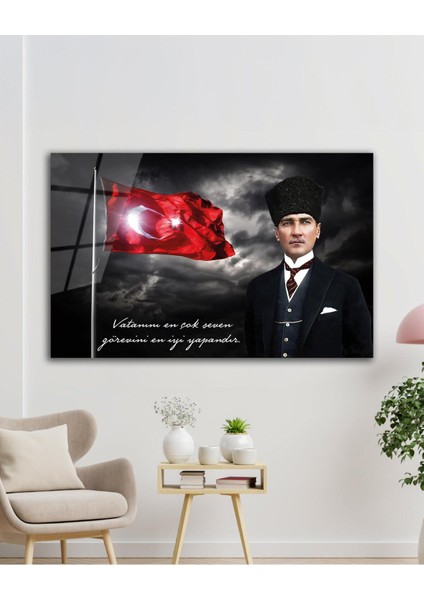Türk Bayrağı ve Atatürk Cam Tablo Vatanını En Çok Seven Modern Ev Ofis Salon Kurum Hediyelik Tablo indirimleri