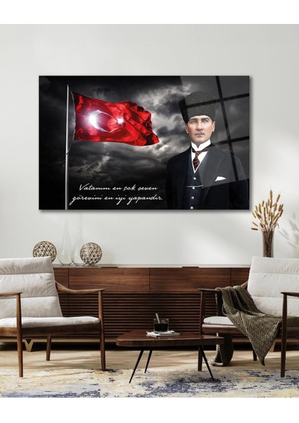 Türk Bayrağı ve Atatürk Cam Tablo Vatanını En Çok Seven Modern Ev Ofis Salon Kurum Hediyelik Tablo