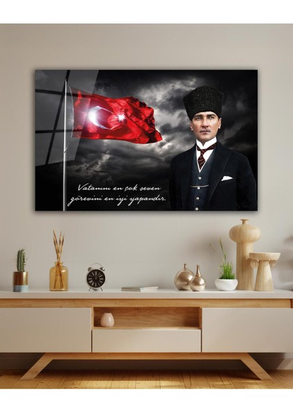 Türk Bayrağı ve Atatürk Cam Tablo Vatanını En Çok Seven Modern Ev Ofis Salon Kurum Hediyelik Tablo