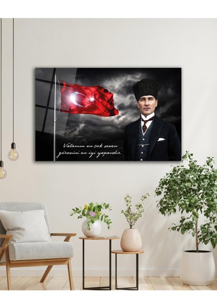 Türk Bayrağı ve Atatürk Cam Tablo Vatanını En Çok Seven Modern Ev Ofis Salon Kurum Hediyelik Tablo