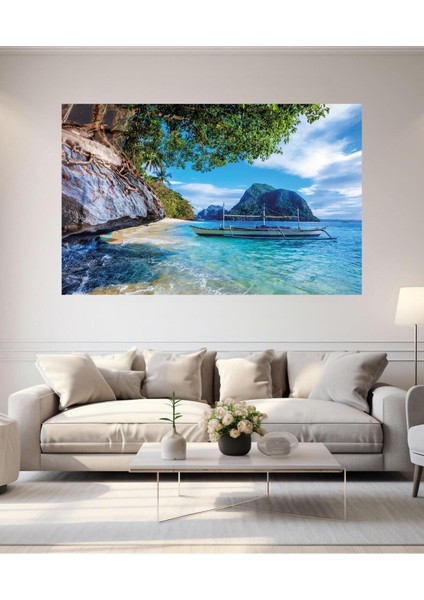 Desenlio Sahil Manzara Cam Tablo Hediyelik Büyük Tablo Ev Ofis Dekoru