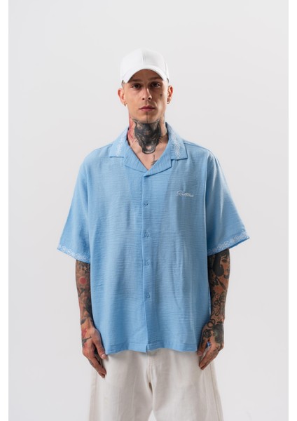 Erkek Ruthless Nakışlı Oversize Gömlek Bebe Mavi