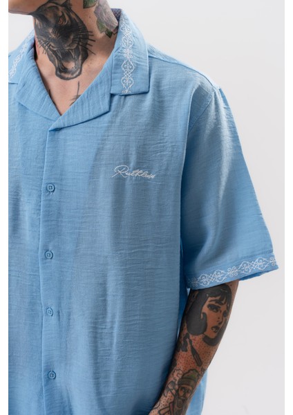 Erkek Ruthless Nakışlı Oversize Gömlek Bebe Mavi fırsatları