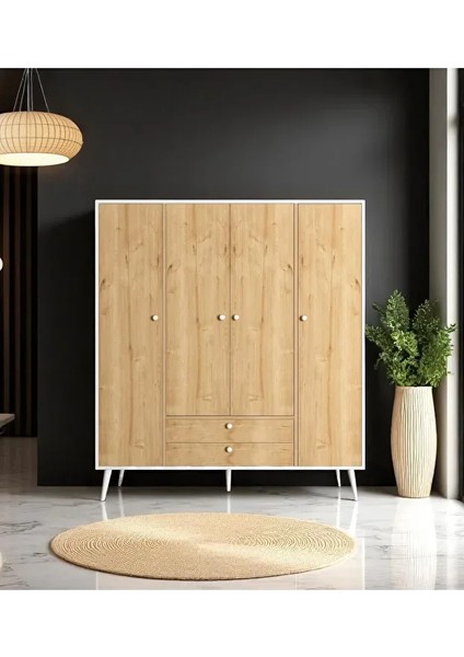 Riva Elbise Dolabı 4 Kapaklı Çekmeceli Dolap Gardırop | Meşe | Beyaz